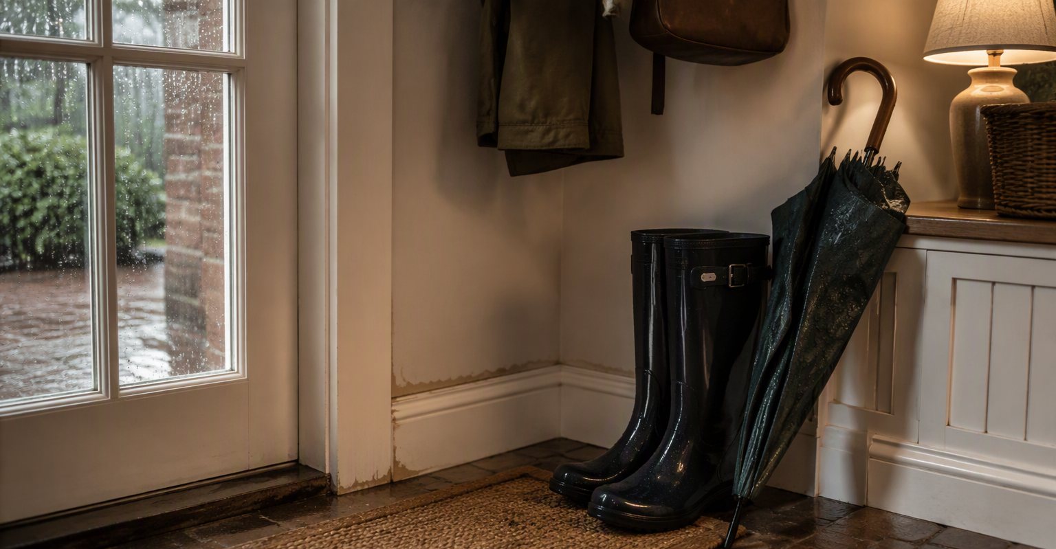 A mudroom baseboard with a subtle water stain after a storm