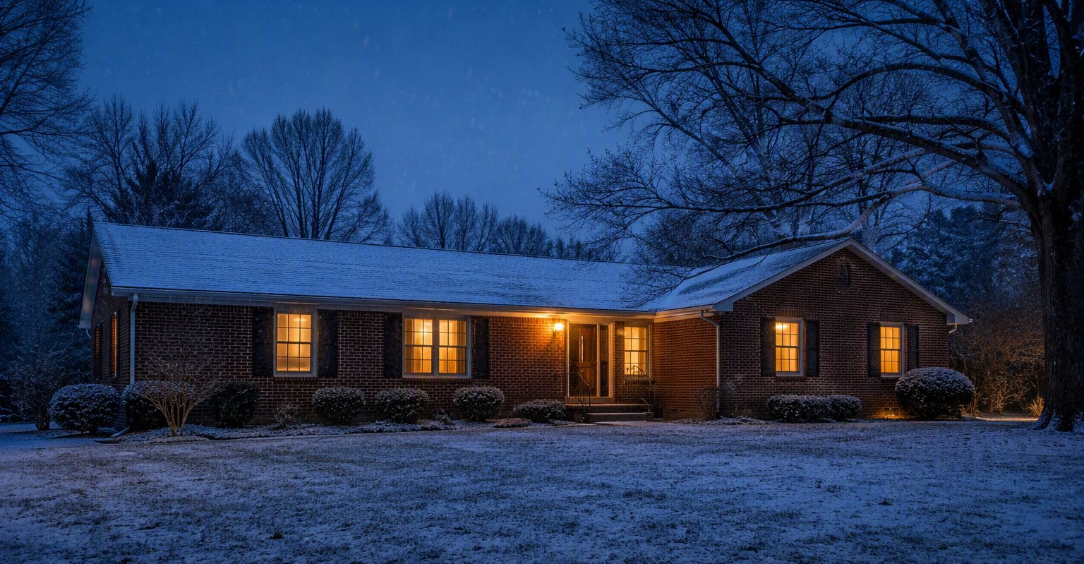 A brick ranch home at dusk in a light snowfall with warm windows